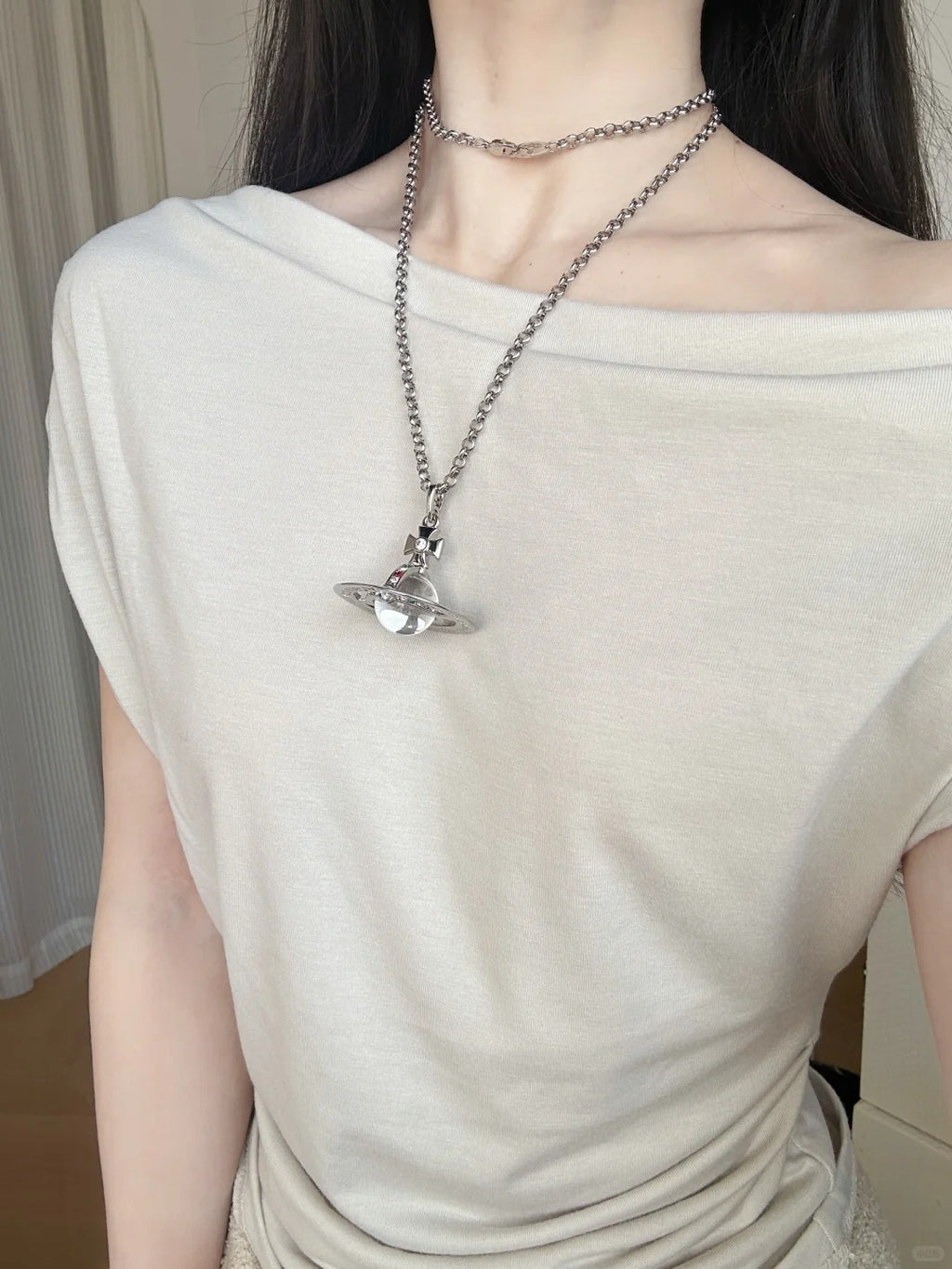 Y2K Style Queen Mother West Mini Little Saturn Pearl LovePin - 3D Planet Necklace & Bracelet, Premium Titanium Alloy,Ideal for Daily Wear & Parties, Daily Wear JewelryIY2KFashion AccessoryIDurable Alloy