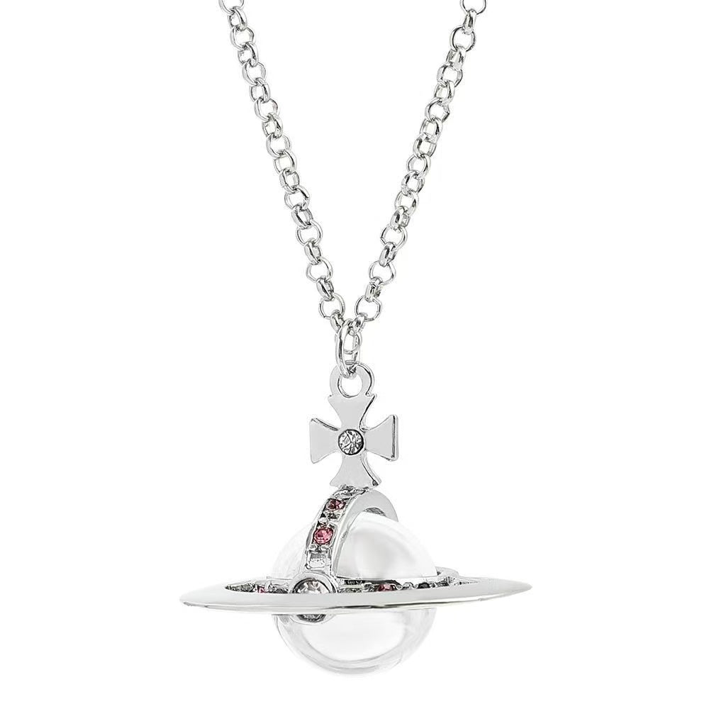 Y2K Style Queen Mother West Mini Little Saturn Pearl LovePin - 3D Planet Necklace & Bracelet, Premium Titanium Alloy,Ideal for Daily Wear & Parties, Daily Wear JewelryIY2KFashion AccessoryIDurable Alloy