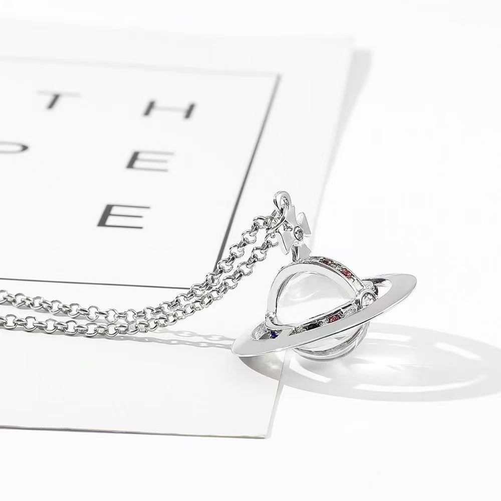 Y2K Style Queen Mother West Mini Little Saturn Pearl LovePin - 3D Planet Necklace & Bracelet, Premium Titanium Alloy,Ideal for Daily Wear & Parties, Daily Wear JewelryIY2KFashion AccessoryIDurable Alloy