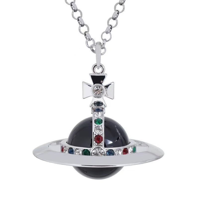 Y2K Style Queen Mother West Mini Little Saturn Pearl LovePin - 3D Planet Necklace & Bracelet, Premium Titanium Alloy,Ideal for Daily Wear & Parties, Daily Wear JewelryIY2KFashion AccessoryIDurable Alloy