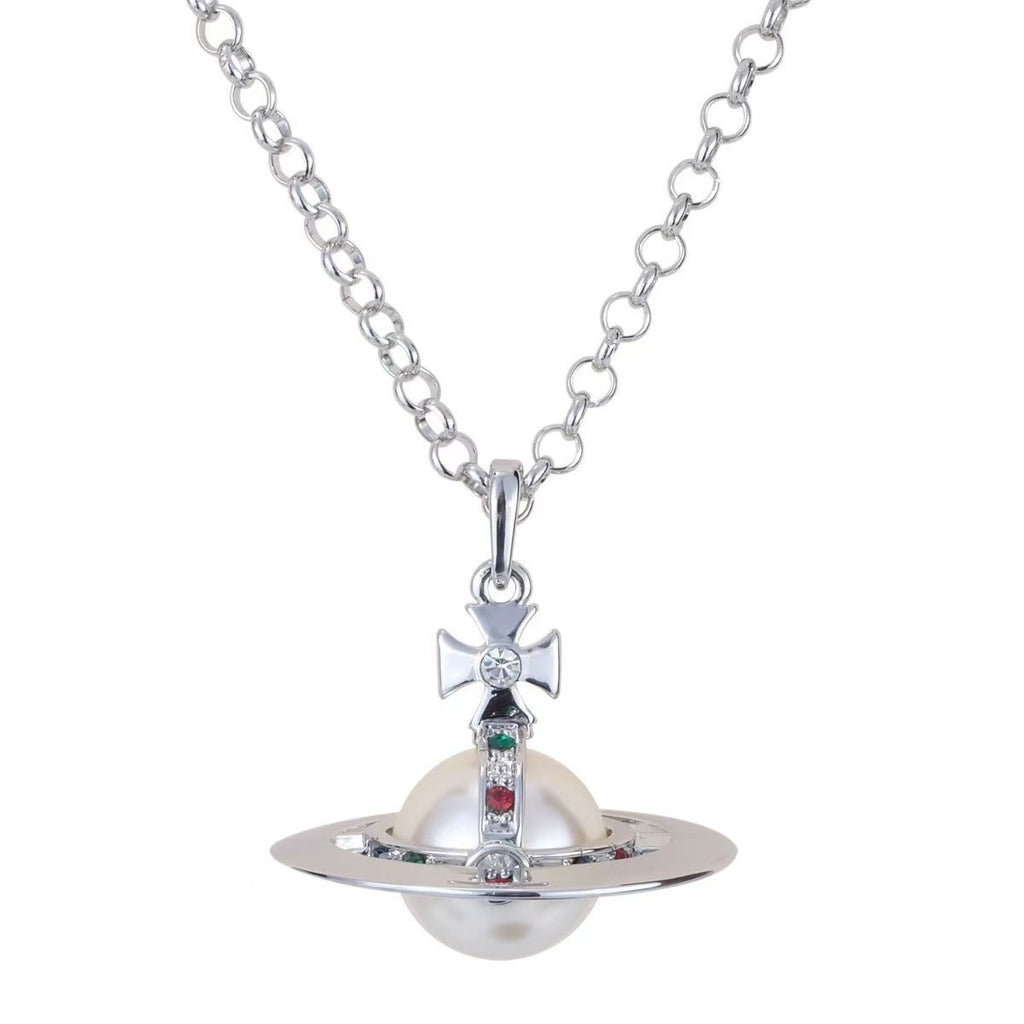 Y2K Style Queen Mother West Mini Little Saturn Pearl LovePin - 3D Planet Necklace & Bracelet, Premium Titanium Alloy,Ideal for Daily Wear & Parties, Daily Wear JewelryIY2KFashion AccessoryIDurable Alloy