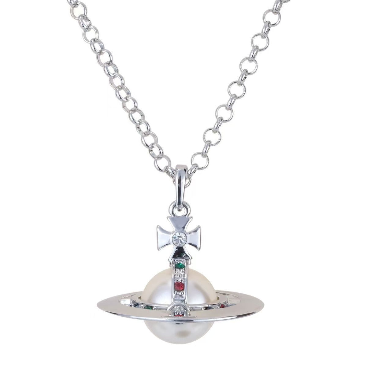 Y2K Style Queen Mother West Mini Little Saturn Pearl LovePin - 3D Planet Necklace & Bracelet, Premium Titanium Alloy,Ideal for Daily Wear & Parties, Daily Wear JewelryIY2KFashion AccessoryIDurable Alloy